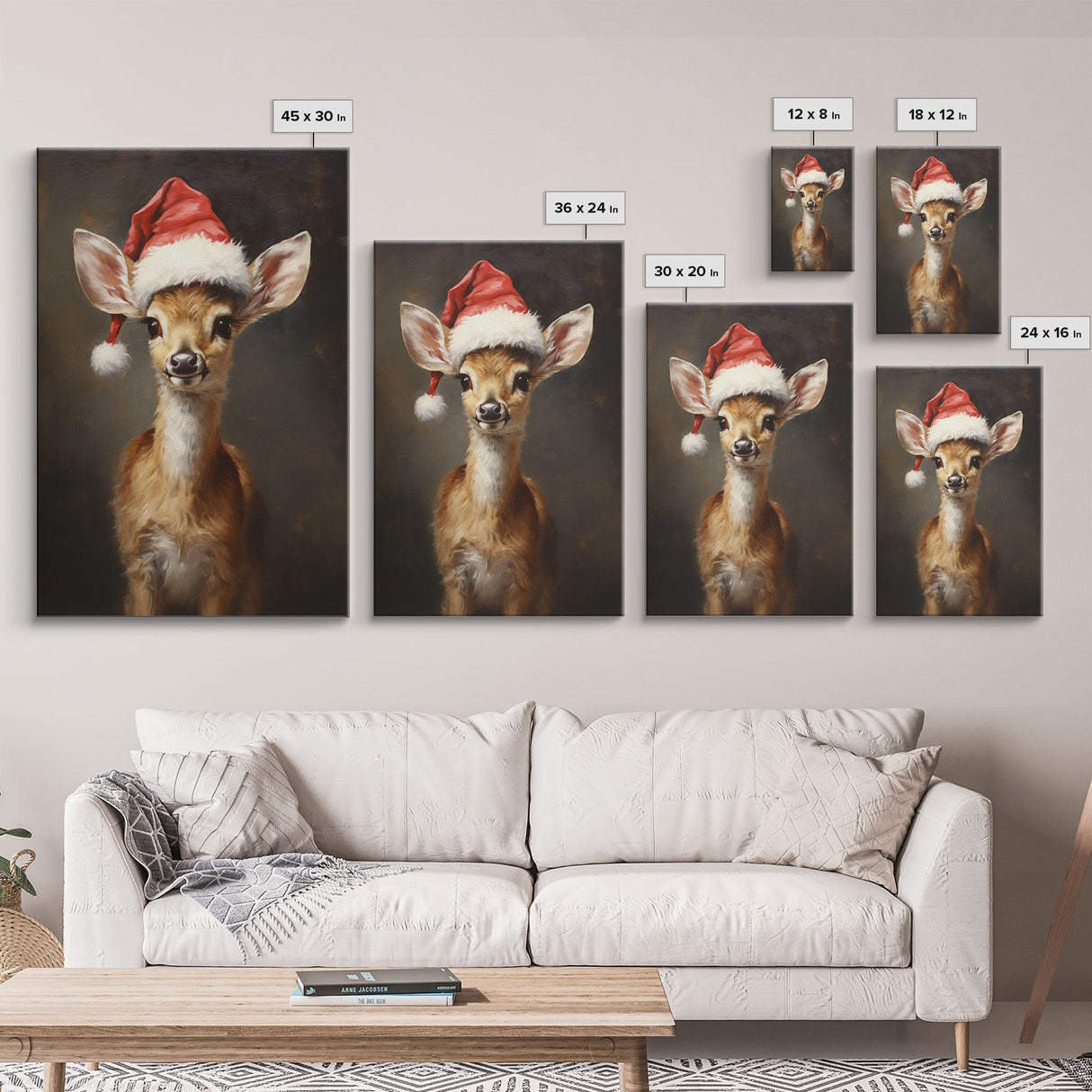 Cute Deer Wearing A Santa Hat, Christmas Decor, Woodland Animals, Christmas Wall Art, Winter Decor, Holiday Decor, Seasonal Decor