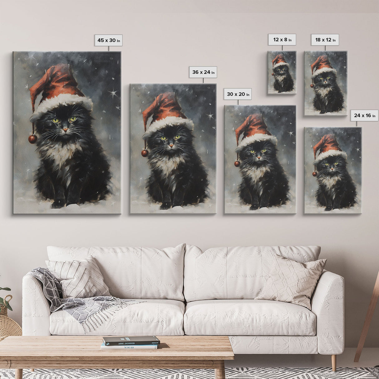 Black Christmas Cat Wearing A Santa Hat, Framed Canvas Print, Christmas Decor, Xmas Wall Art, Holiday Decor, Seasonal Wall Decor