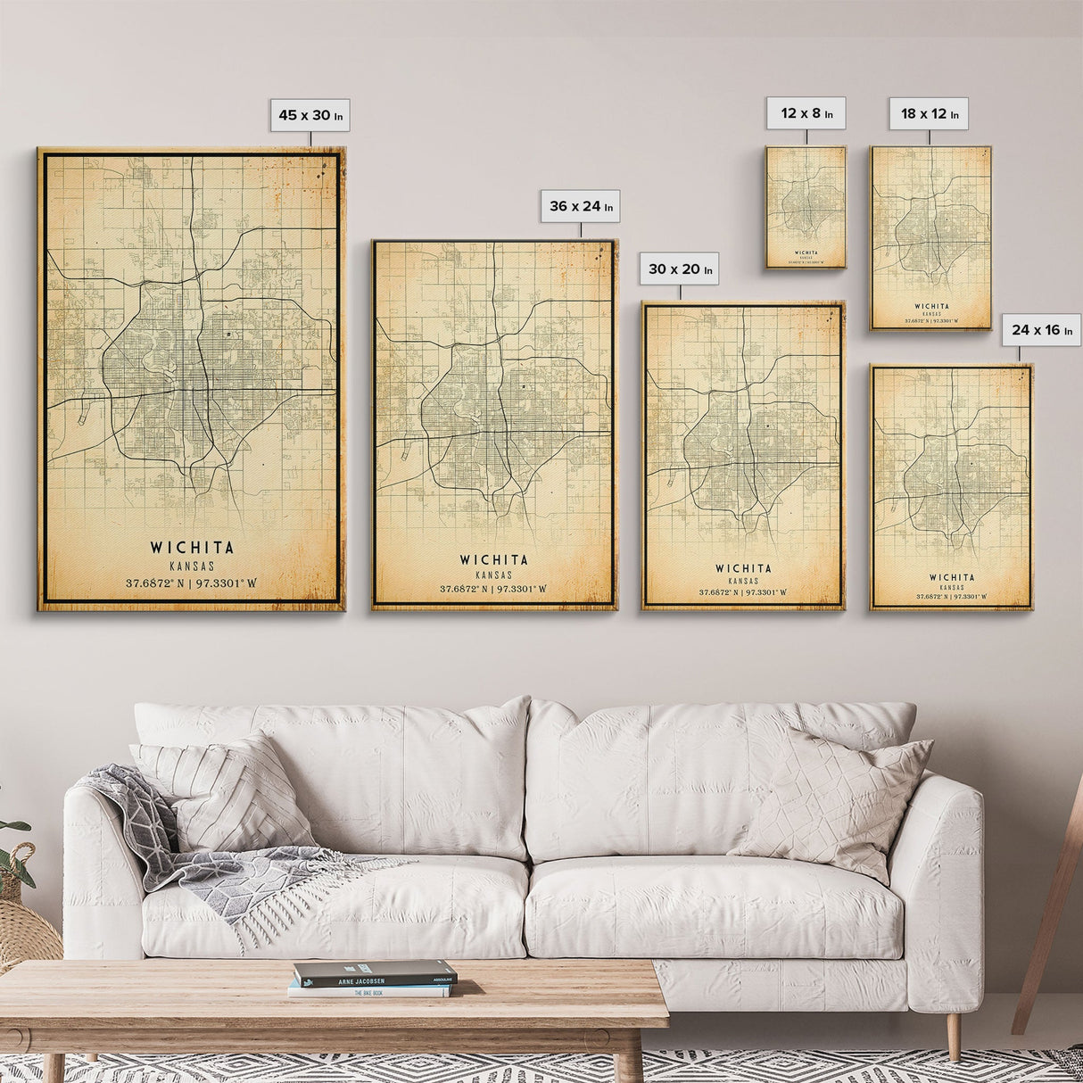 Vintage Wichita Kansas map print poster or framed canvas, Wichita map print poster canvas, Wichita city map print poster canvas, Travel Art