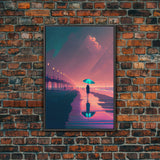 Synthwave Art, Neon / Pastel Beach Boardwalk, framed canvas print, vintage 80s style art