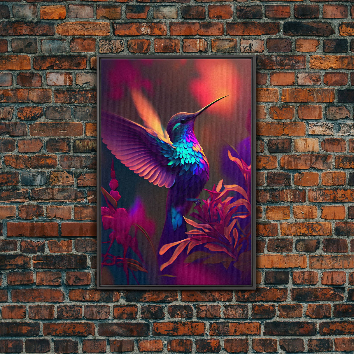 Hummingbird in flight, cute animal print, framed canvas print, colorful retro wave style art