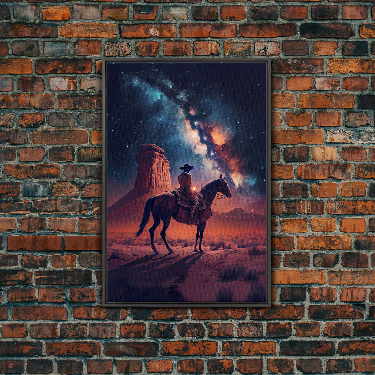 Cowboy contemplating the stars, framed canvas print, wild west art, western decor