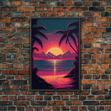 8 bit pixel art sunset, synthwave style palm tree beach, framed canvas print, framed wall art painting