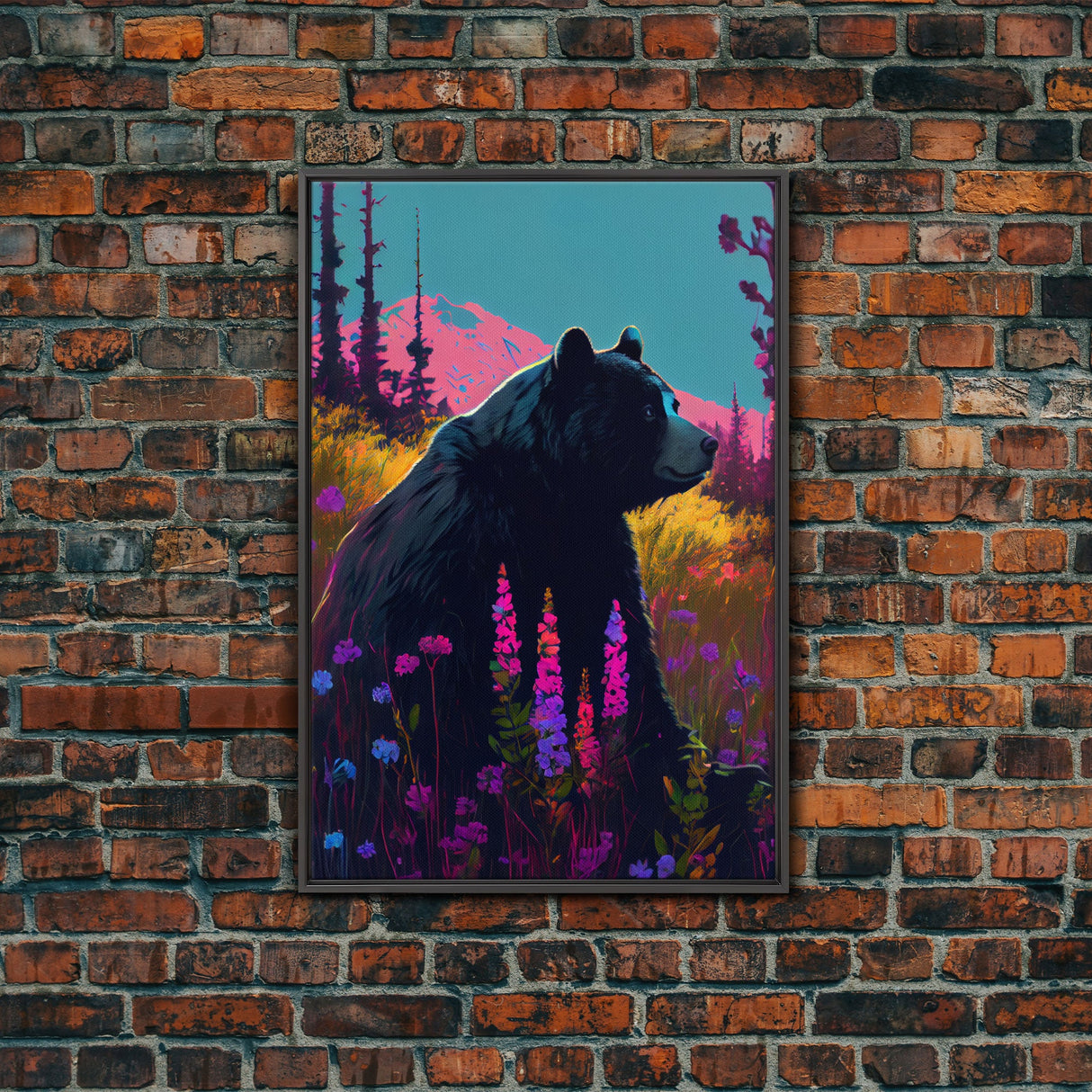 Cute brown bear stopping to smell the flowers, animal prints, framed canvas print, colorful unique wall art