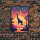 Retro Style Pop Art Giraffe Art, Synthwave Line Art, Framed Canvas Print, 80s Style Art, Outrun Style Animal Prints