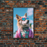 Corgi In Pink Suit Sunglasses Wall Print, Animal Print, Dog Portrait, Dog Art Print, Framed Wall Art, Framed Canvas, Wall Print, Wall Canvas