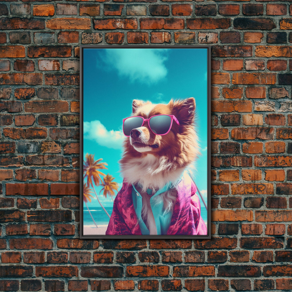 Pomeranian In Pink Shirt Sunglasses Wall Print, Beach Art, Dog Print, Dog Portrait, Framed Wall Art, Framed Canvas, Wall Print, Wall Canvas