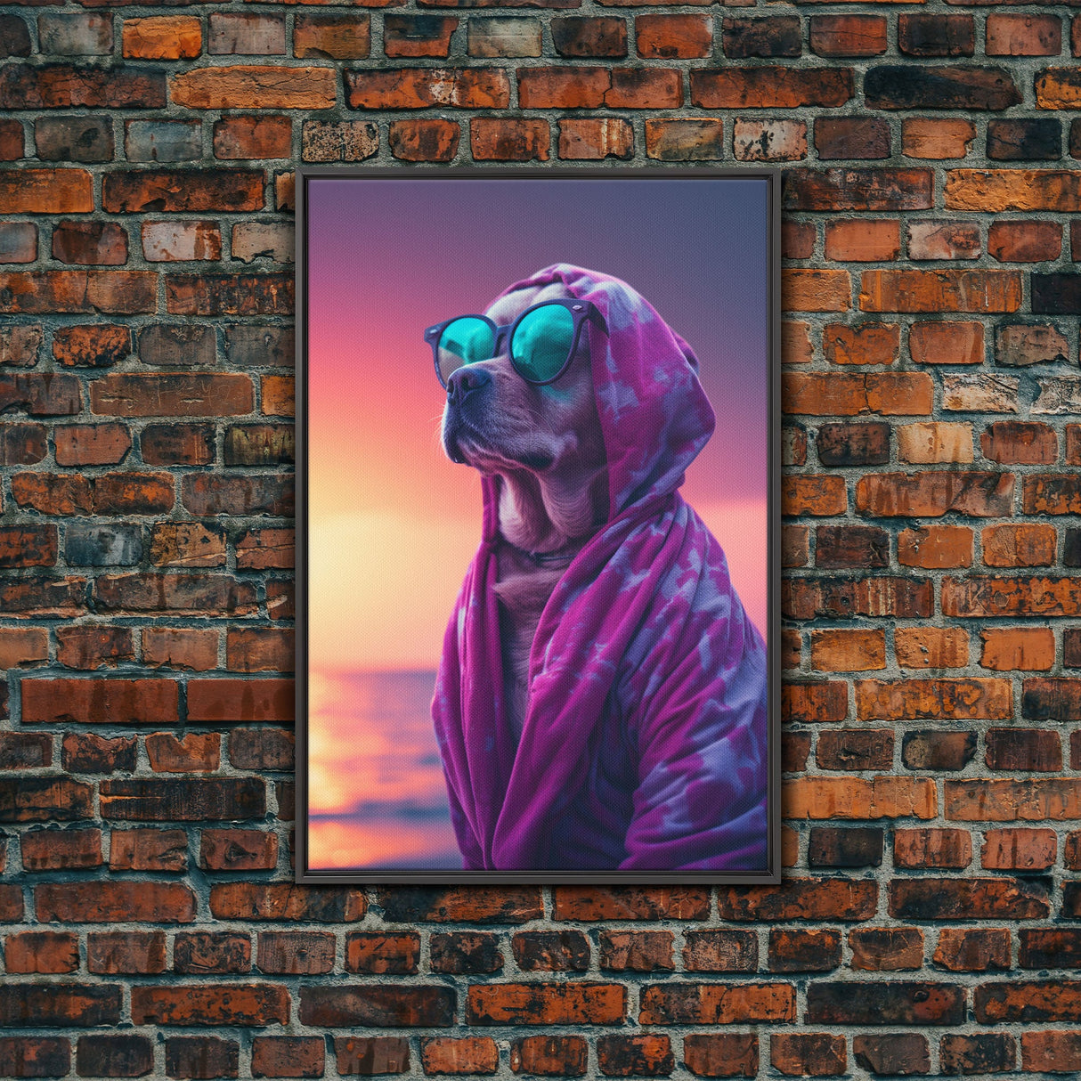 Pit Bull In Pink Hoodie Sunglasses Wall Print, Beach Art, Dog Print, Dog Portrait, Framed Wall Art, Framed Canvas, Wall Print, Wall Canvas