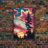 Pacific Northwest Forest Landscape Wall Art, Framed Canvas Print, Pink Cloudy Sunset Sky, Abstract Landscape Framed Art