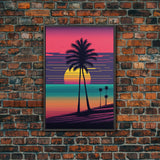 Framed Canvas Print | Art Deco Sunset, Beaches, Pop Art, Palm trees, Retro Style, Island Vibe | Vibrant and Colorful | Retro Style