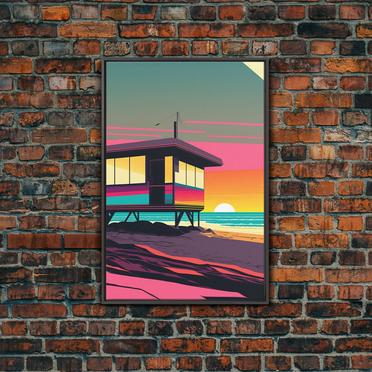 Synthwave Sunset Beach California Lifeguard Hut Framed Canvas Print, Retro Style, 80s Vibes, Turquoise Beach Art