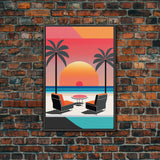 Framed Canvas Print - Art Deco Sunset, Minimalist Beach, Palm Trees, Retro Style, Synthwave, Vaporwave, Minimalist Abstract Decor