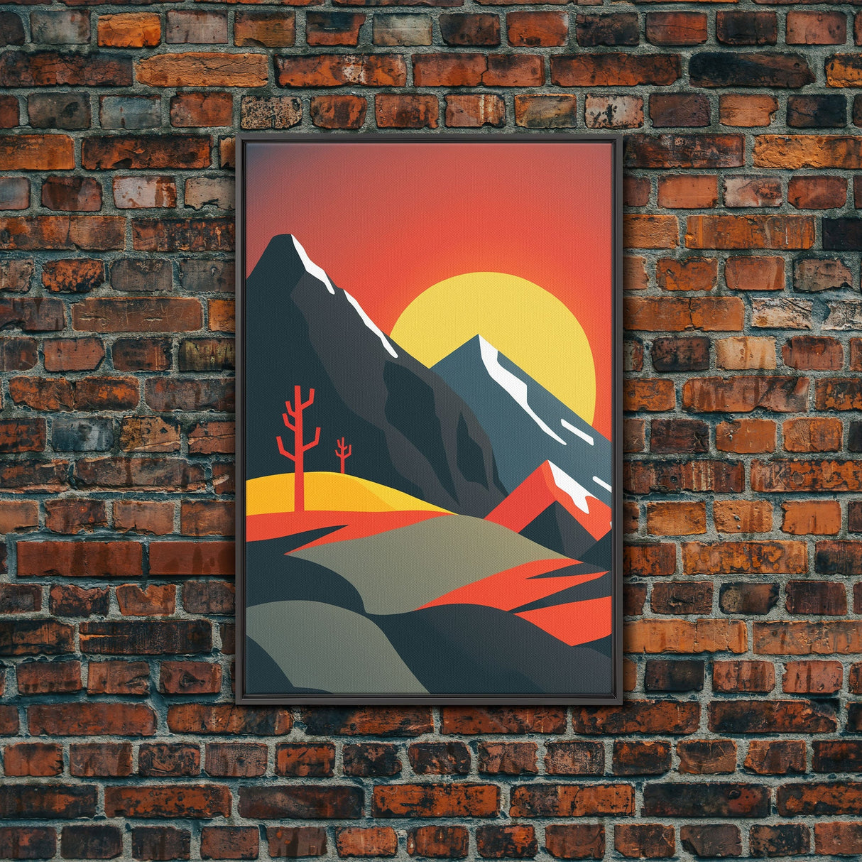 Orange Sky and Sunset over A Mountain Landscape, Framed Canvas Print, Minimalist Abstract Art