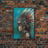 Steam Punk Native American Headdress, Framed Canvas Print, Abstract Art, Native American Futurism Art