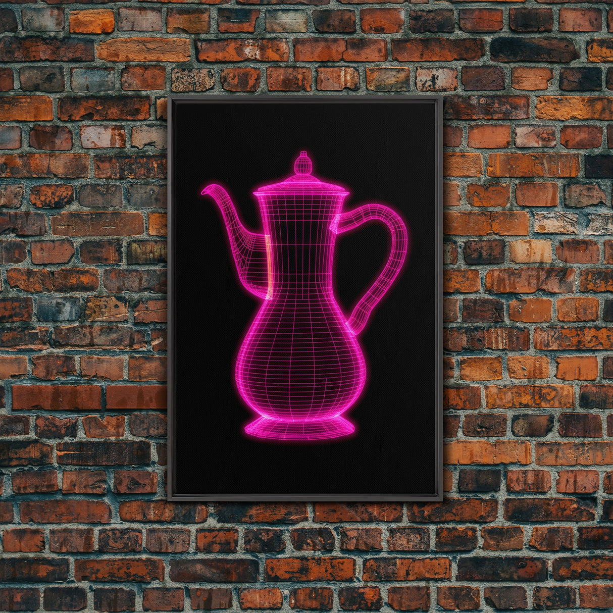 Pink 3D Cofee Pot Wall Art, Kitchen Wall Decor, 3D Art, Neon Lights, Minimalist Print, Wall Decor, Canvas Print, Wall Art, Framed Canvas