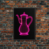 Pink 3D Cofee Pot Wall Art, Kitchen Wall Decor, 3D Art, Neon Lights, Minimalist Print, Wall Decor, Canvas Print, Wall Art, Framed Canvas