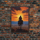 Cowboy Silhouette Wall Art, Western Wall Decor, Sunset Wall Art, Canvas Print, Wall Art, Vertical Art, Teen Boy Wall Art, Rustic Wall Decor