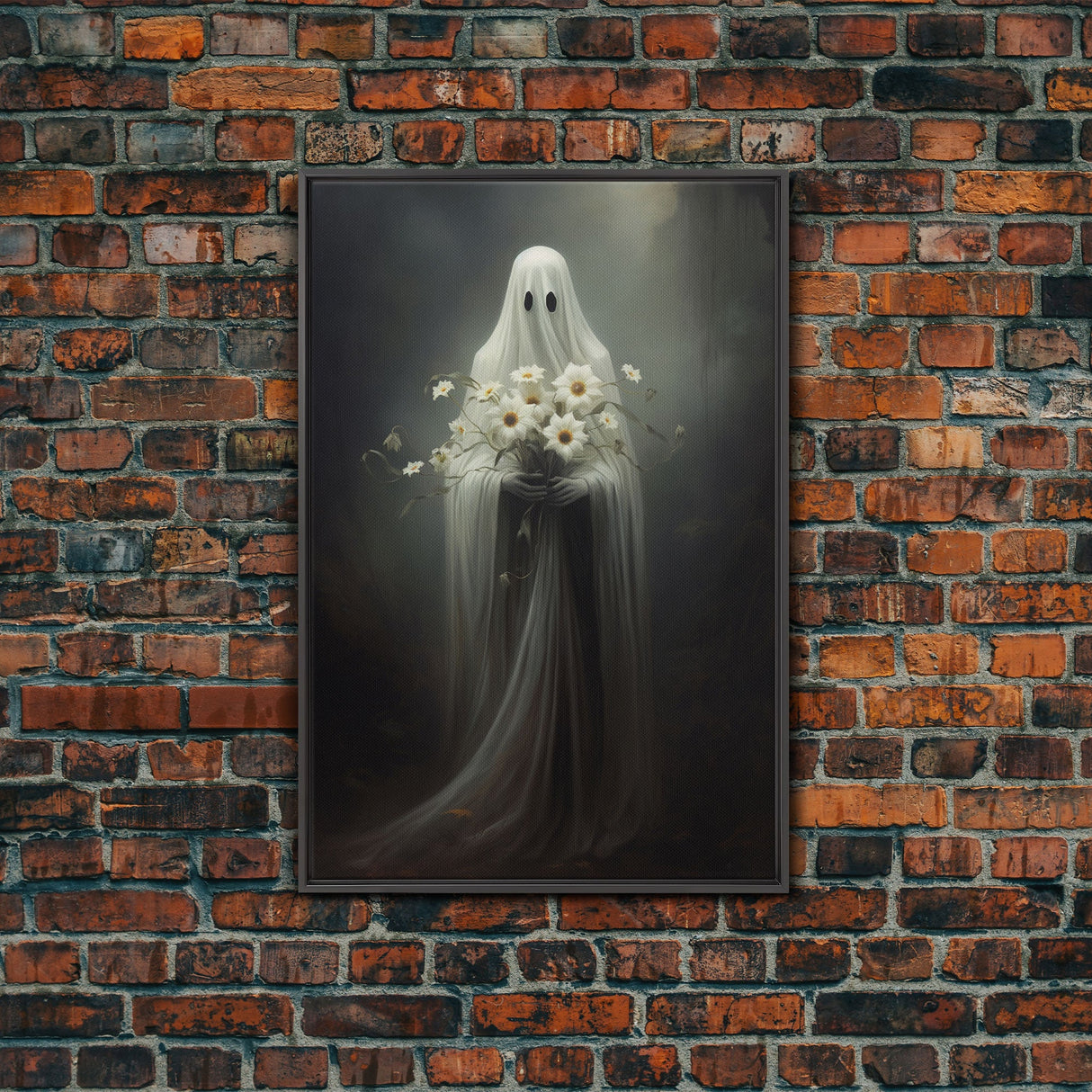 The Ghost With The Flowers, Gothic Halloween Decor, Framed Canvas Print, Scary Horror Art, Goth Decor, Moody Oil Painting, Dark Academia