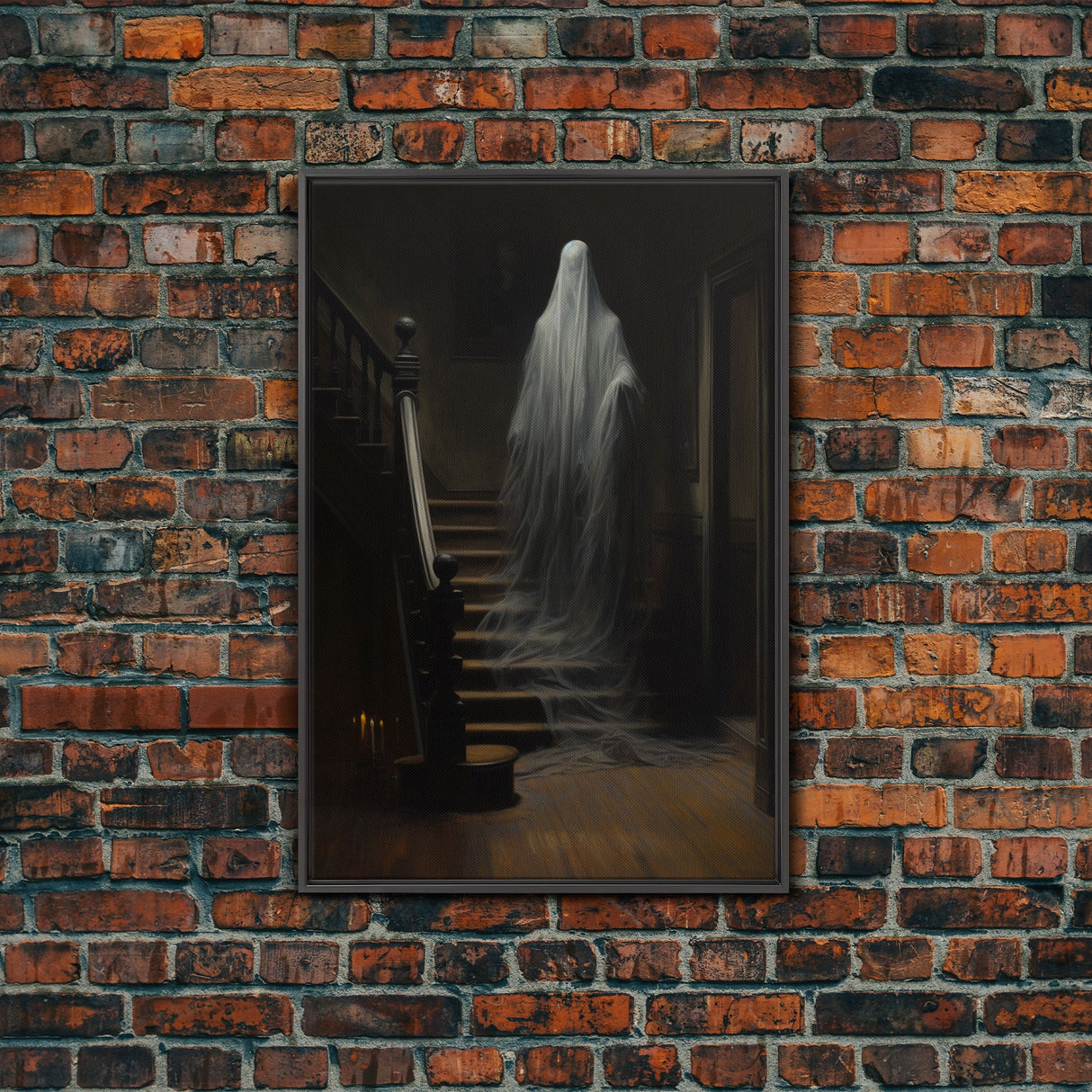 The Ghost On The Stairs, Macabre Halloween Decor, Halloween Poster / Canvas Print, Framed Wall Art, Dark Academia Goth Art