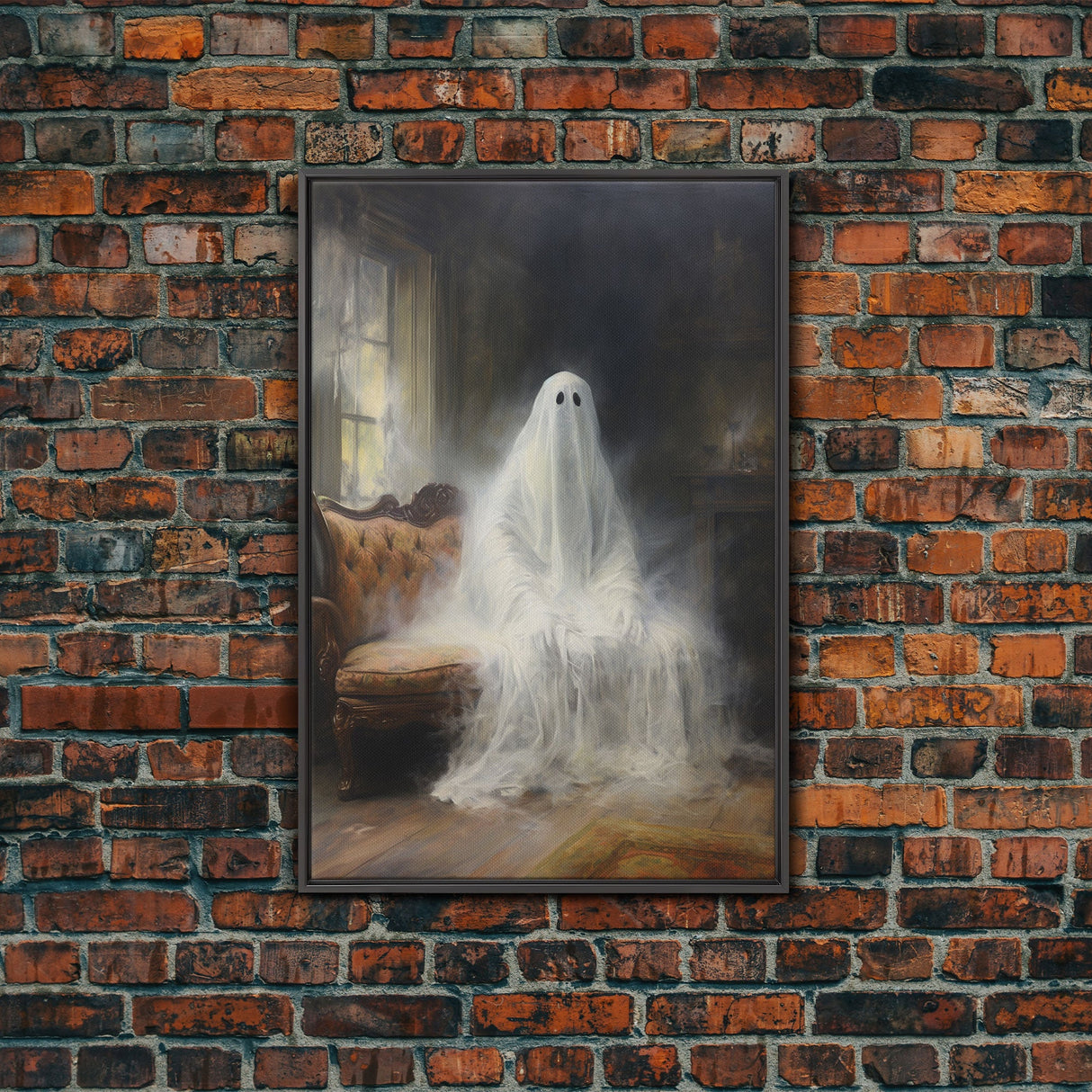 The Ghost Sits On The Sofa, Framed Canvas or Canvas Print, Gothic Victorian Halloween Painting, Cool Halloween Decor