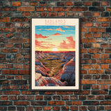 Badlands National Park, Framed Wall Art Canvas Print, Travel Poster, South Dakota Travel Art, Roadtrip Decor, Cool Art, Retro State Park Art