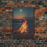 Beach Campfire Under A Full Moon, Photography Print, Framed Canvas Print, Beach House Decor, Coastal Decor, Beach Print, Beach Art