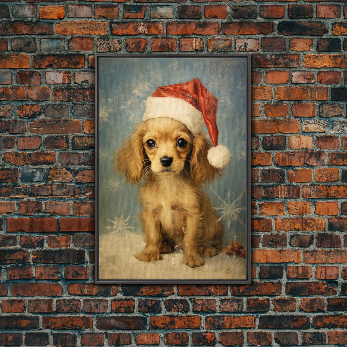 Cocker Spaniel Puppy In A Santa Hat, Framed Canvas Print, Christmas Decor, Holiday Decor, Seasonal Wall Decor, Farmhouse Christmas