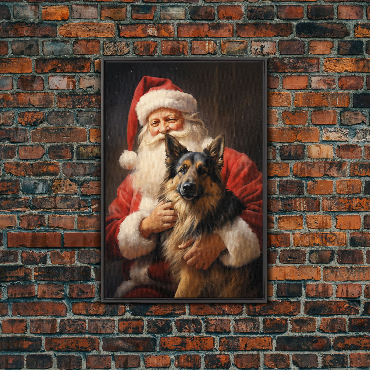 Santa Holding A German Shepherd, Framed Canvas Print, Christmas Wall Art, Xmas Art, Christmas Art Print, Santa Decor, Farmhouse Christmas