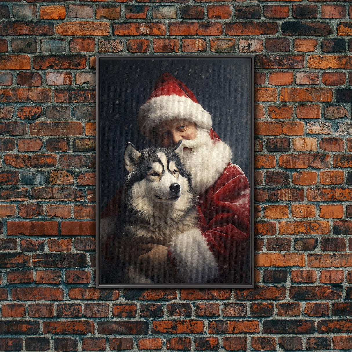 Santa Holding A Siberian Husky, Framed Canvas Print, Christmas Wall Art, Xmas Art, Christmas Art Print, Santa Decor, Farmhouse Christmas