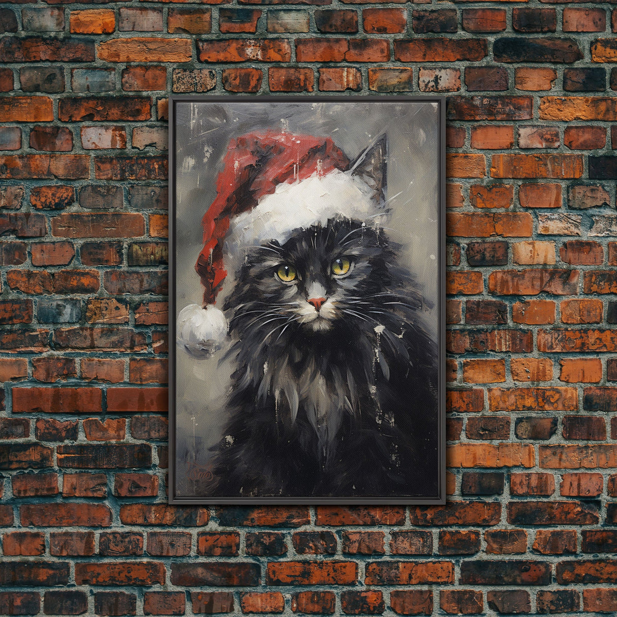 Christmas Cat In His Christmas Hat, Framed Canvas Print, Holiday Decor, Framed Canvas Print, Seasonal Wall Art