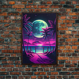 Full Moon over a Florida Beach, Palm Trees, Outrun Style Beach Landscape art, framed canvas Print