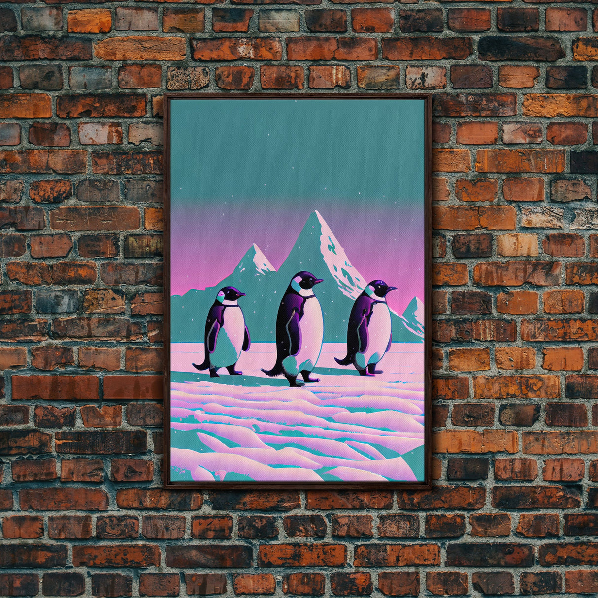 Retrowave Penguins in the Arctic, synthwave style wall art, Antarctica art, framed canvas print, cute animal prints