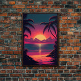 8 bit pixel art sunset, synthwave style palm tree beach, framed canvas print, framed wall art painting