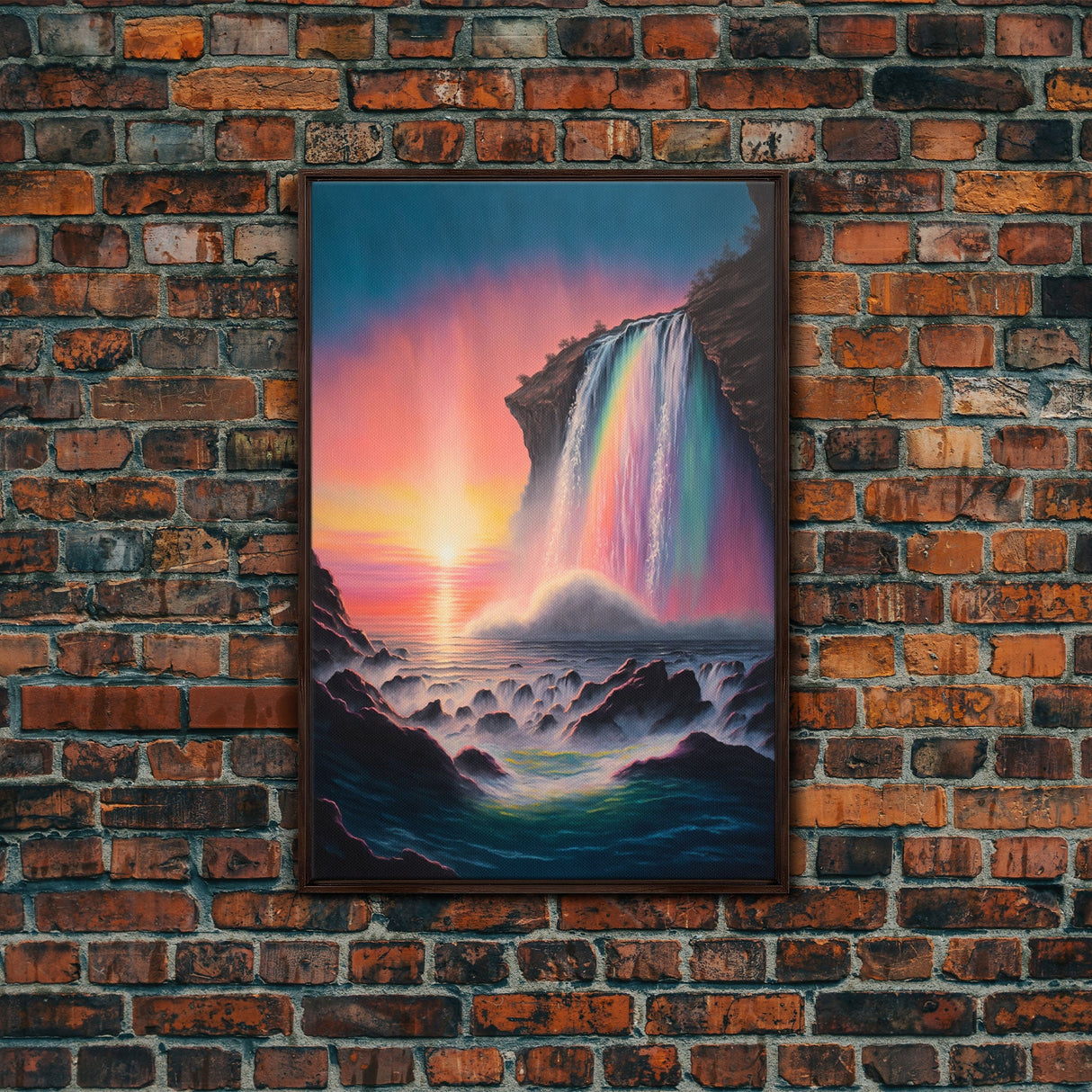 A Mythical Waterfall and Rainbow pouring Into the ocean blue at sunset, framed canvas print