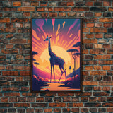 Retro Style Pop Art Giraffe Art, Synthwave Line Art, Framed Canvas Print, 80s Style Art, Outrun Style Animal Prints