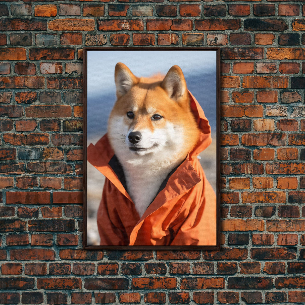 Shiba Inu Wall Print, Dog Wall Art, Animal Art, Orange Jacket, Funny Wall Art, Framed Wall Art, Framed Canvas, Wall Print, Wall Canvas