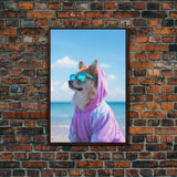 Corgi In Purple Hoodie Sunglasses Wall Print, Beach Art, Dog Print, Dog Portrait, Framed Wall Art, Framed Canvas, Wall Print, Wall Canvas