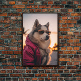 Siberian Husky In Pink Jacket Sunglasses Wall Print, Beach, Dog Print, Dog Portrait, Framed Wall Art, Framed Canvas, Wall Print, Wall Canvas