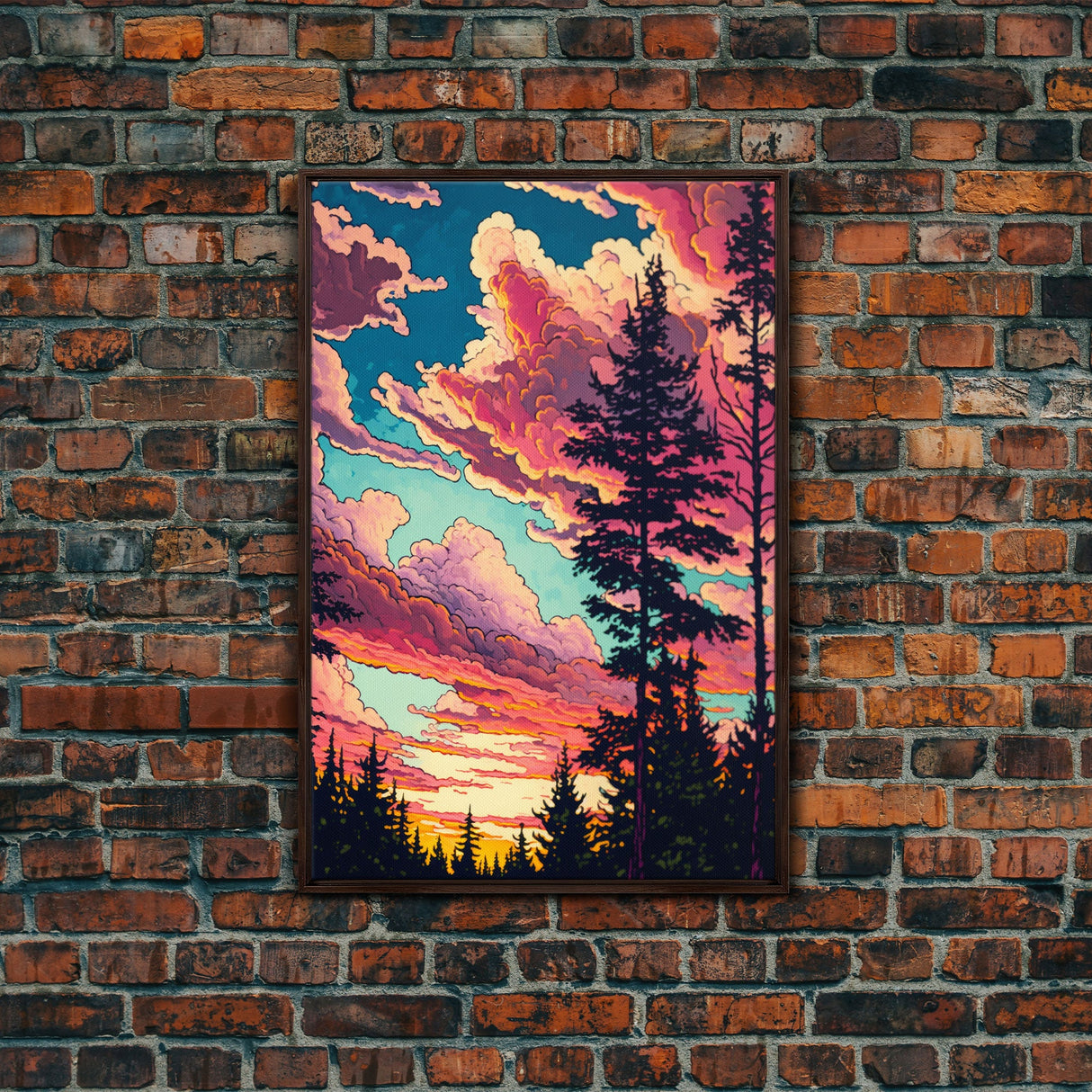 Pacific Northwest Forest Landscape Wall Art, Framed Canvas Print, Pink Cloudy Sunset Sky, Abstract Landscape Framed Art