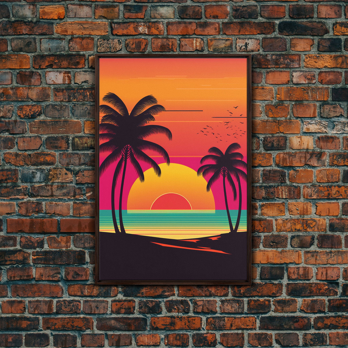 Retro Beach Vibes, Palm Trees at Sunset, Retrowave Landscape Art, Framed Canvas Print,  Florida Art, California Art, Game Room Decor