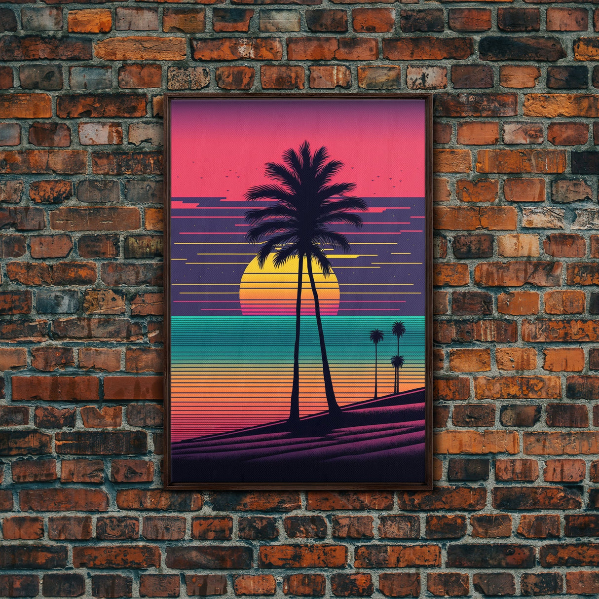 Framed Canvas Print | Art Deco Sunset, Beaches, Pop Art, Palm trees, Retro Style, Island Vibe | Vibrant and Colorful | Retro Style