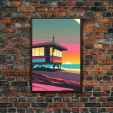 Synthwave Sunset Beach California Lifeguard Hut Framed Canvas Print, Retro Style, 80s Vibes, Turquoise Beach Art