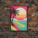 Framed Art Deco Canvas Print - Sunset Beach Scene, Minimalist Palms, Retro Style - Pink and Turquoise Vaporwave Art