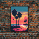 Framed Canvas Print - Art Deco Sunset, Beaches, Minimalist Palm Trees, Retro Synthwave, Vaporwave, 80s Vibes, Gamer Art, Bar Decor