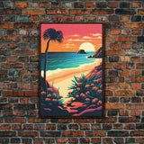 Framed Canvas Print | Art Deco Sunset, Beach, Palm Trees, Retro Style, Synthwave, Vaporwave, Island Vibes, Minimalist Beach Art