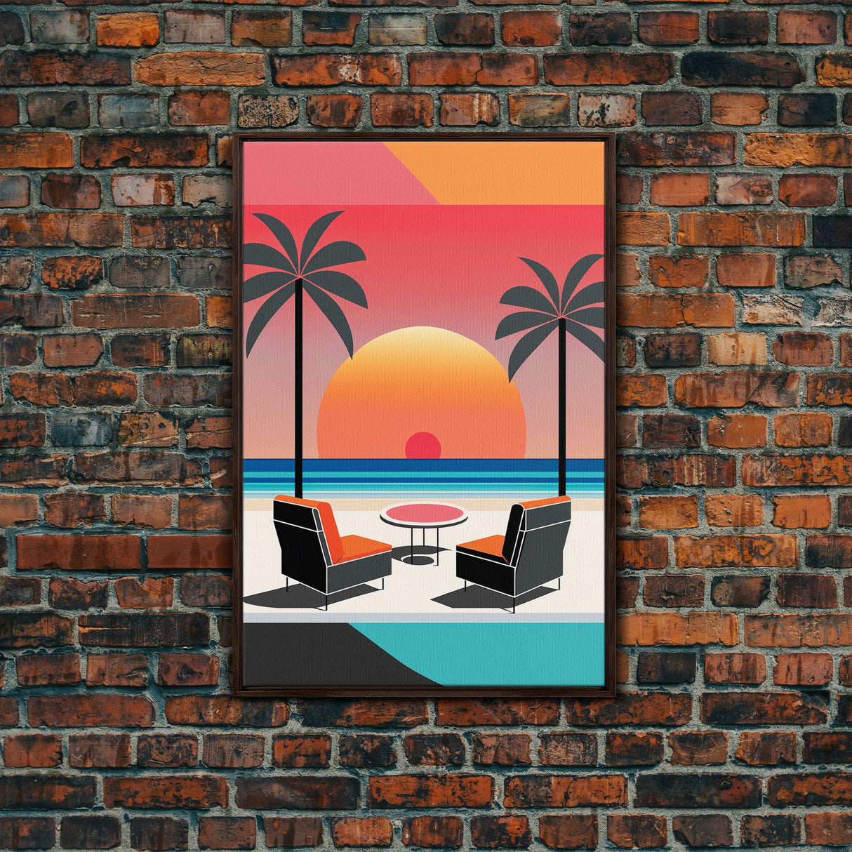 Framed Canvas Print - Art Deco Sunset, Minimalist Beach, Palm Trees, Retro Style, Synthwave, Vaporwave, Minimalist Abstract Decor