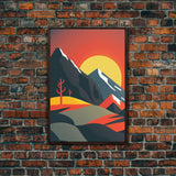 Orange Sky and Sunset over A Mountain Landscape, Framed Canvas Print, Minimalist Abstract Art