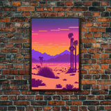 Retro Outrun Style Desert Landscape Print, Framed Canvas Art, Synthwave Style, Southwestern Decor, Western Art, Guest Room Decor