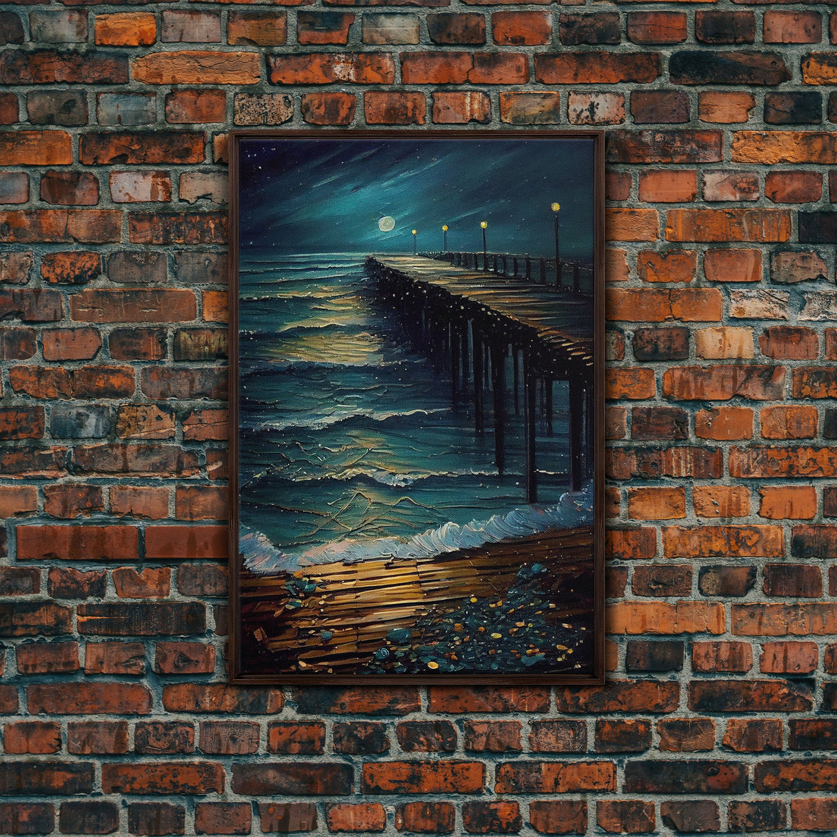 Van Gogh Starry Night Inspired, The Beach Boardwalk at Midnight, Framed Canvas Print, Unique Wall Art, Canvas Art, Living Room Decor