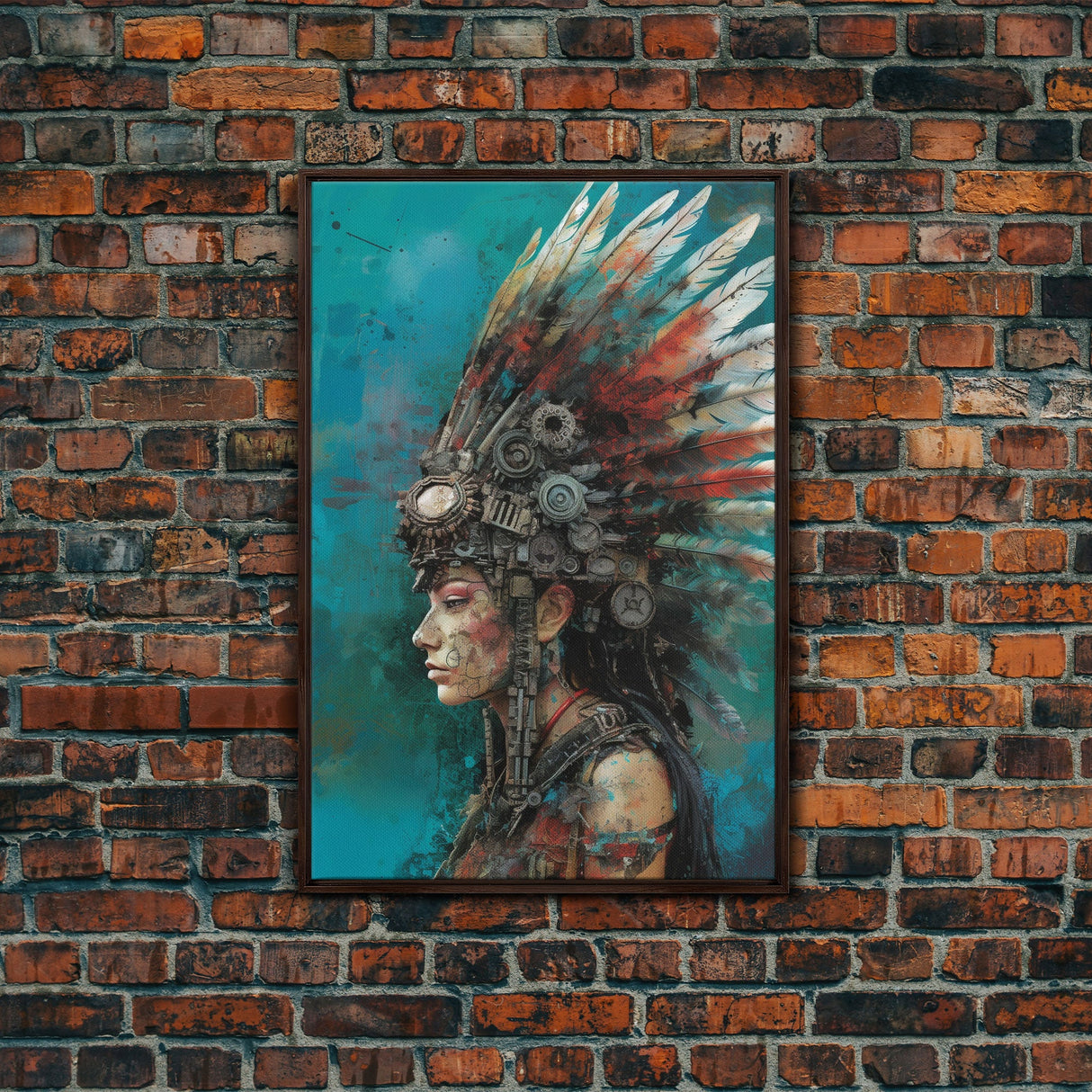 Steam Punk Native American Headdress, Framed Canvas Print, Abstract Art, Native American Futurism Art